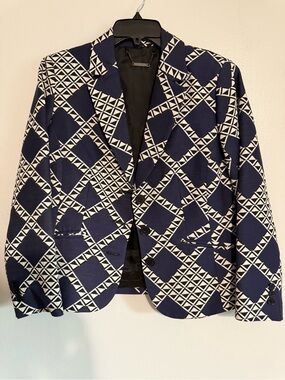 Trina Turk Navy and White Geometric Pattern Blazer